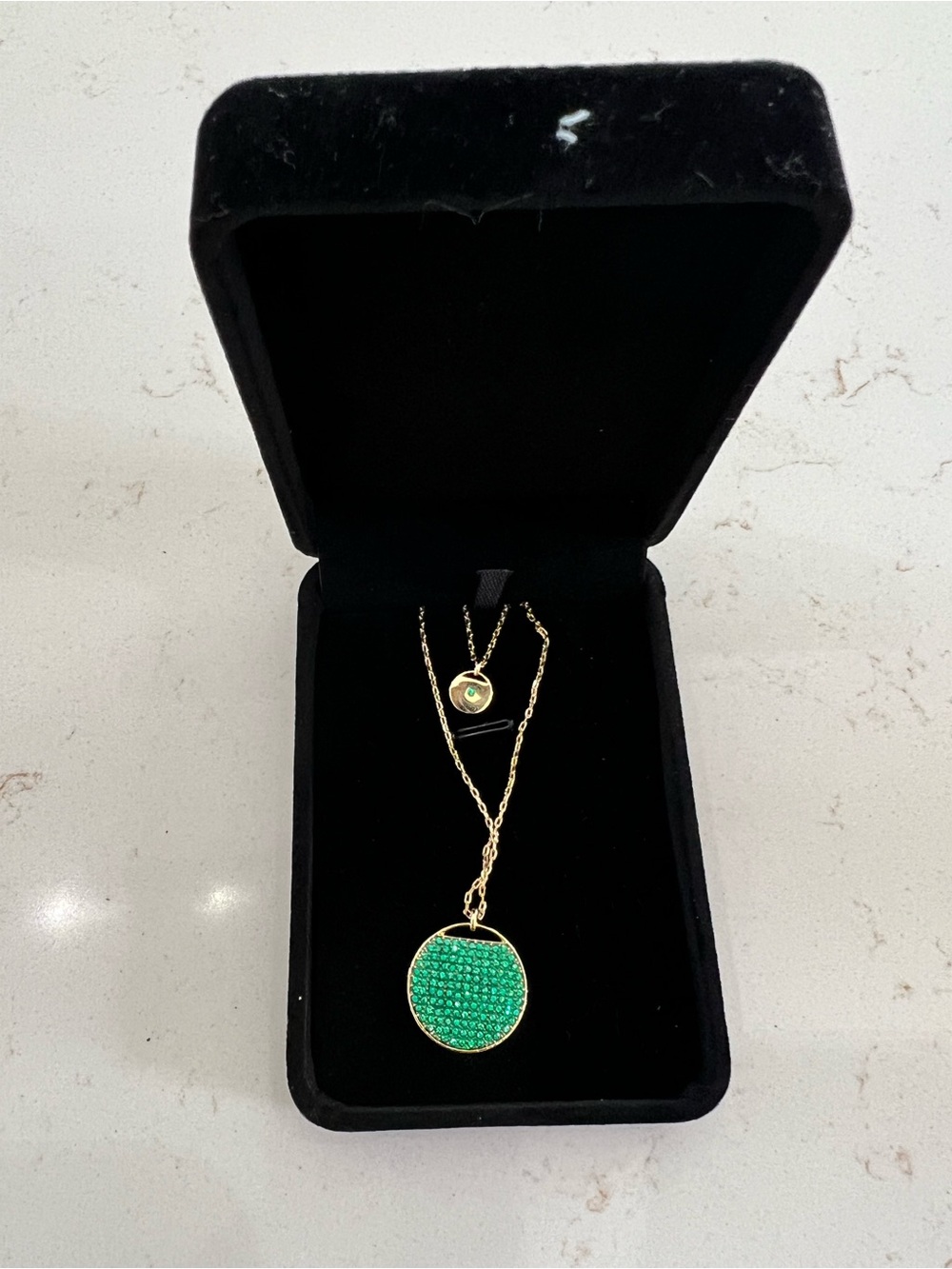 NEW Swarovski double chained Gold Necklace with Green Pavé Disc Pendant